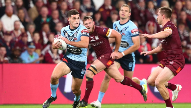 Nathan Cleary of the Blues makes a break during game two of the 2021 State of Origin series between the Queensland Maroons and the New South Wales Blues at Suncorp Stadium in Brisbane, Australia. Photo: Chris Hyde/Getty Images