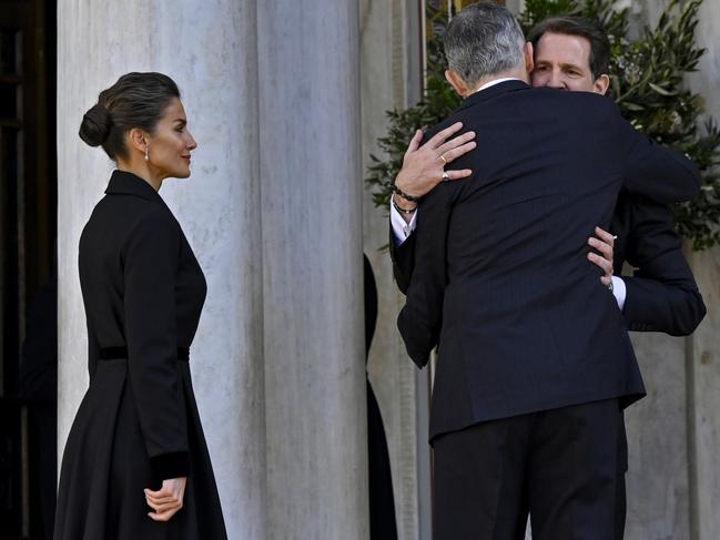 Crown Prince Pavlos of Greece greets King Felipe and Queen Letizia of Spain at the funeral of former King Constantine II of Greece. Picture: Milos Bicanski/Getty Images