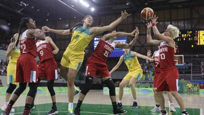 Australian basketballer Liz Cambage in action against Turkey this morning.