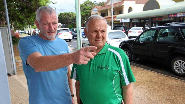 QUIET TIMES: Frank McWilliams from Coast Cafe and David Mansouri from Seagrass Green Grocery hope Lennox Head's two-way main street will be returned. Picture: Liana Turner