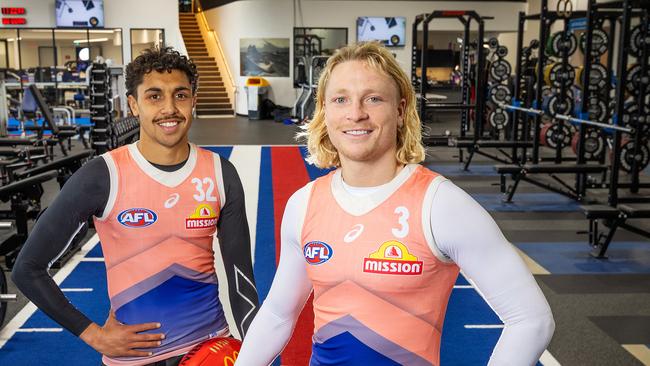 MELBOURNE, JULY 24, 2024: Western Bulldogs AFL players Arthur Jones and Cody Weightman in their new gym facilities. Picture: Mark Stewart