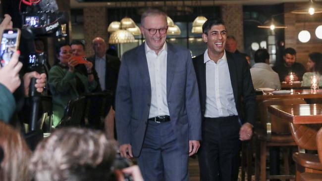 Australian and UK prime ministers Anthony Albanese and Rishi Sunak surprised diners at Redfish Restaurant in the Gaslamp Quarter on Sunday. Picture: Sandy Huffaker