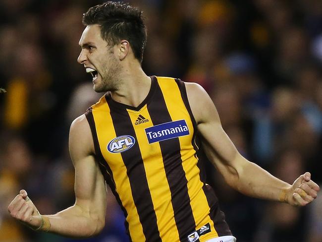 Jack Gunston celebrates a goal for Hawthorn at Etihad Stadium. Picture: Michael Dodge