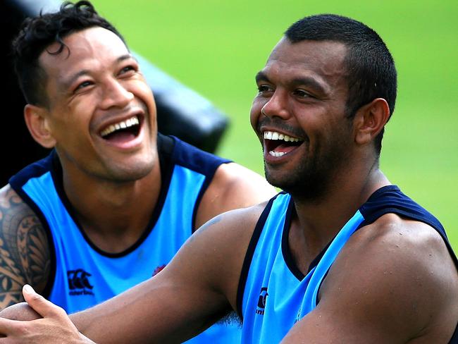 Israel Folau and Kurtley Beale during training today with the Waratahs at Moore Park after Kurtley signed a deal with London Wasps. Picture: Adam Taylor