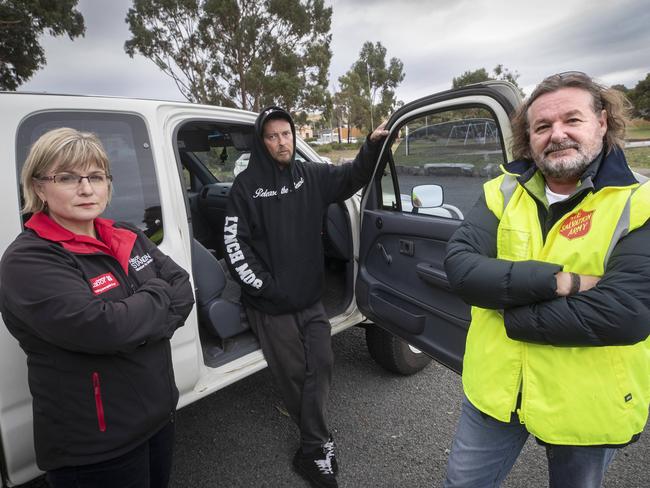 Jake, centre, has been homeless and living in his car for four years. He is being helped by Labor MP Alison Standen and Salvos housing and homelessness manager Don McCrae. Picture: Chris Kidd