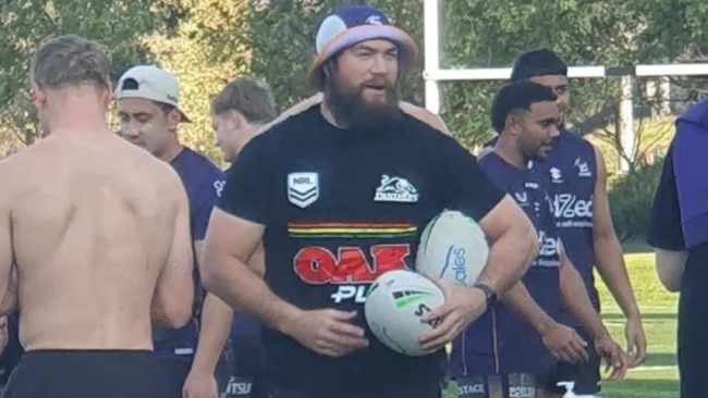 Spotted! Melbourne Storm forward Tepai Moeroa wearing an imitation Panthers jersey at training.