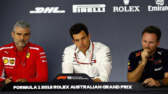 Ferrari’s Maurizio Arrivabene, Mercedes’ Toto Wolff and Red Bull’s Christian Horner.