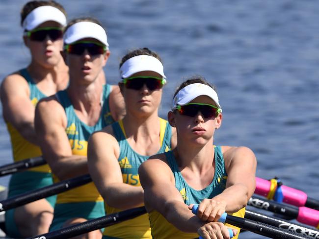 (L-R) Australia's Jessica Hall, Australia's Kerry Hore, Australia's Jennifer Cleary and Australia's Madeleine Edmunds prepare to row during the Women's Quadruple Sculls rowing competition at the Lagoa stadium during the Rio 2016 Olympic Games in Rio de Janeiro on August 6, 2016. / AFP PHOTO / Damien MEYER