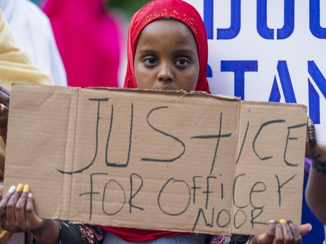 Amal Abdullahi, 11, attends a rally supporting former Minneapolis police officer Mohamed Noor in Minneapolis. Picture: AP