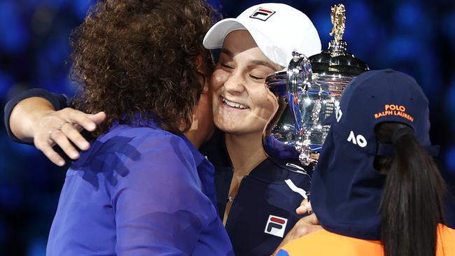 Ash Barty embraces surprise guest Evonne Goolagong Cawley. Picture: Michael Klein