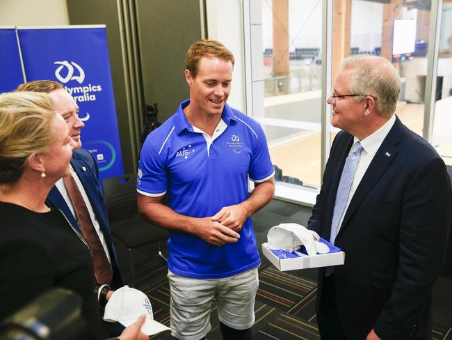 Minister for Sport Bridget McKenzie, APC President Jock O'Callaghan, Paralympian Curtis McGrath and Prime Minister Scott Morrison. Picture: Dylan Robinson