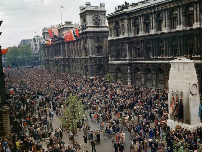 Crowds celebrating VE Day near the Cenotaph in Whitehall, 8 May 1945. Picture: Imperial War Museum