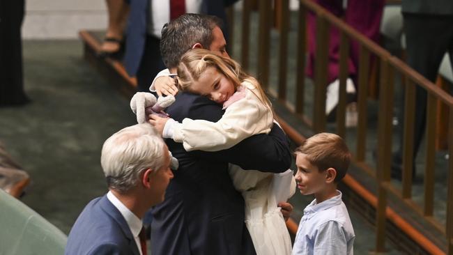 Jim Chalmers hugs his children after handing down the 2024-25 federal budget. Picture: NCA NewsWire / Martin Ollman