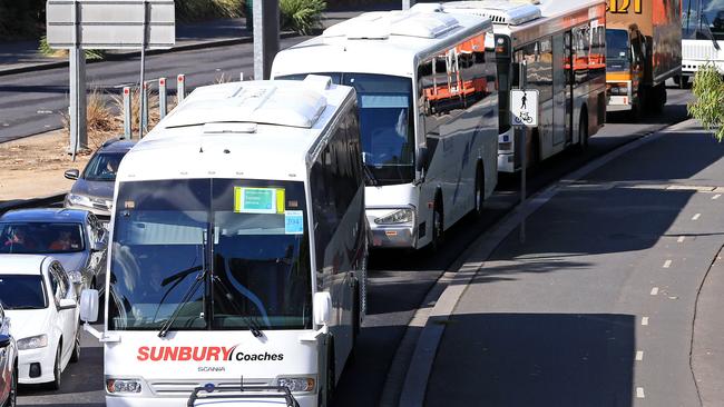 Batman Avenue became sea of buses as they replaced trains and caused traffic chaos. Picture: Mark Stewart