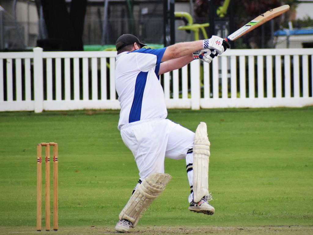 Bob McKenzie hits one of three sixes in his innings of 61 not out off 144 balls to ensure Ulmarra Hotel Tucabia Copmanhurst batted long enough to avoid any chance of losing the rain-affected GDSC Premier League preliminary final against GDSC Easts at Ellem Oval on Saturday, 20th March, 2021.