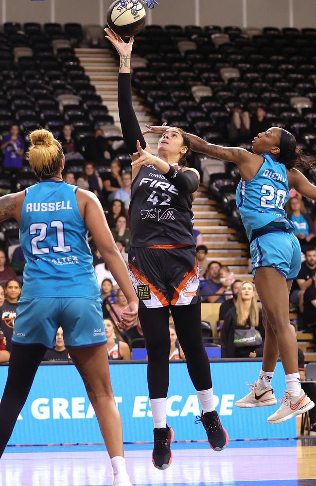 Amanda Zahui B of the Fire drives to the basket during the WNBL match between Southside Flyers and Townsville Fire at State Basketball Centre, on December 14, 2023, in Melbourne, Australia. (Photo by Kelly Defina/Getty Images)