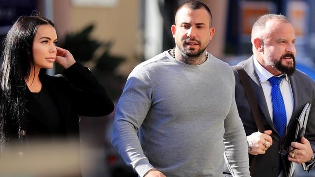 Barbaro’s partner Hayley Webb, Harleby Barbaro and defence solicitor Campbell McCallum (right), Harley Barbaro and Hayley Isabella Webb outside Southport Court in 2020.