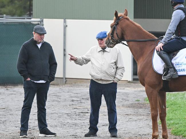 TJ Comerford ,Nick and Lloyd Williams with  Vauban ridden by David Casey before trackwork at Werribee Racecourse on October 26, 2023 in Werribee, Australia. (Reg Ryan/Racing Photos via Getty Images)