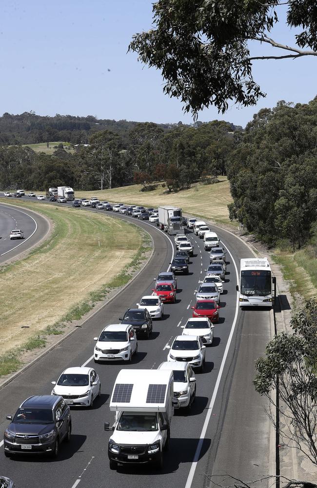 Cars lined up on the South-Eastern Freeway after a truck ran out of fuel. Picture: Sarah Reed