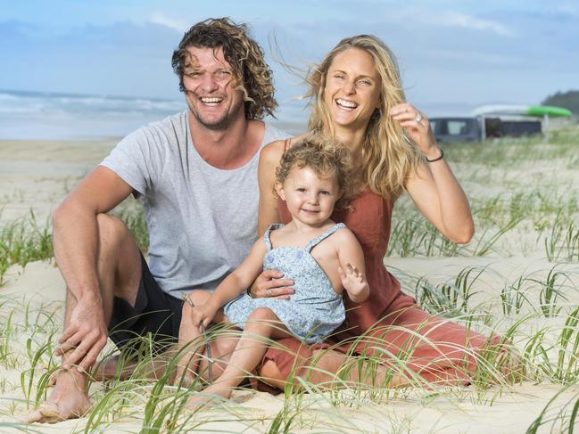 Campers Dane and Michaela Lloyd from Ocean Grove in Victoria were playing things extra safe while holidaying on Fraser Island with 2-year-old daughter Zoe. Photo Lachie Millard