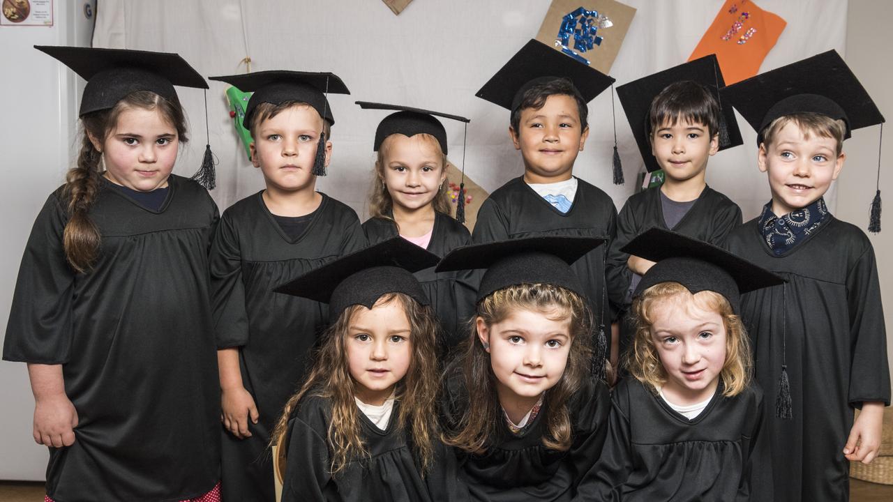 Graduating from Rosemont Cottage early education centre are (back, from left) Zahlee Howell, Michael Nolan, Deleilah Hunt, Rocco Carlon, Stephen Wong, Harrison Schmidt and (front, from left) Macey Shinohara, Ruby Inglis and Macie Crawford, Wednesday, November 24, 2021. Picture: Kevin Farmer