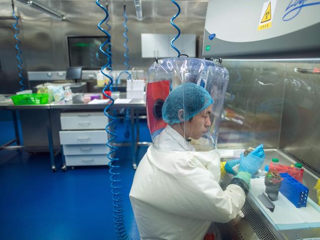 (FILES) This file photo taken on February 23, 2017 shows a worker inside the P4 laboratory in Wuhan, capital of China's Hubei province. - Experts from the World Health Organization (WHO) on February 9, 2021 all but eliminated a controversial theory that Covid-19 came from a laboratory in the Chinese city of Wuhan. (Photo by JOHANNES EISELE / AFP)