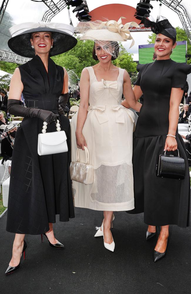 Fashions on the Field finalists Kelli McPhie, Emma Scodellaro and Holly Webb. Picture: David Caird