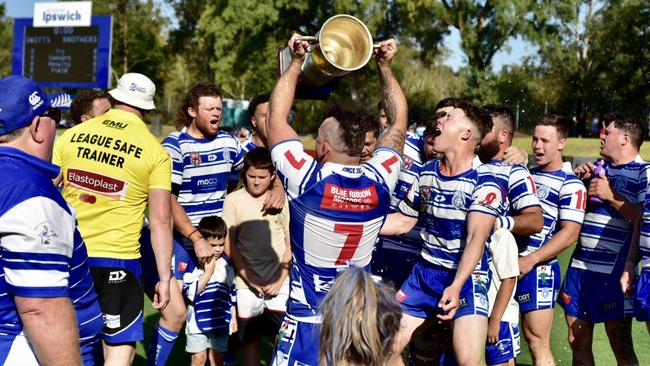 Brothers players celebrate after the Rugby League Ipswich Reserve Grade grand final win against Rosewood at the North Ipswich Reserve. Picture: Bruce Clayton