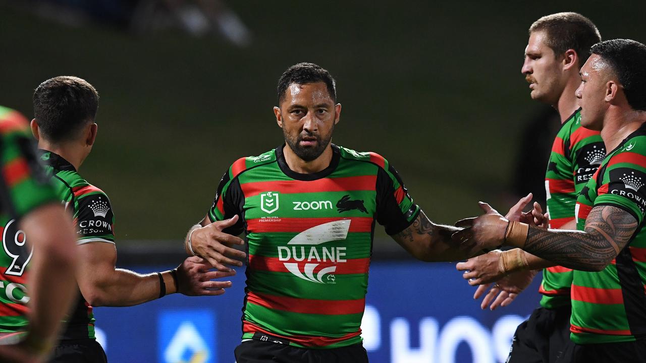 SUNSHINE COAST, AUSTRALIA - SEPTEMBER 04: Benji Marshall of the Rabbitohs celebrate a try with teammates during the round 25 NRL match between the South Sydney Rabbitohs and the St George Illawarra Dragons at Sunshine Coast Stadium, on September 04, 2021, in Sunshine Coast, Australia. (Photo by Dan Peled/Getty Images)