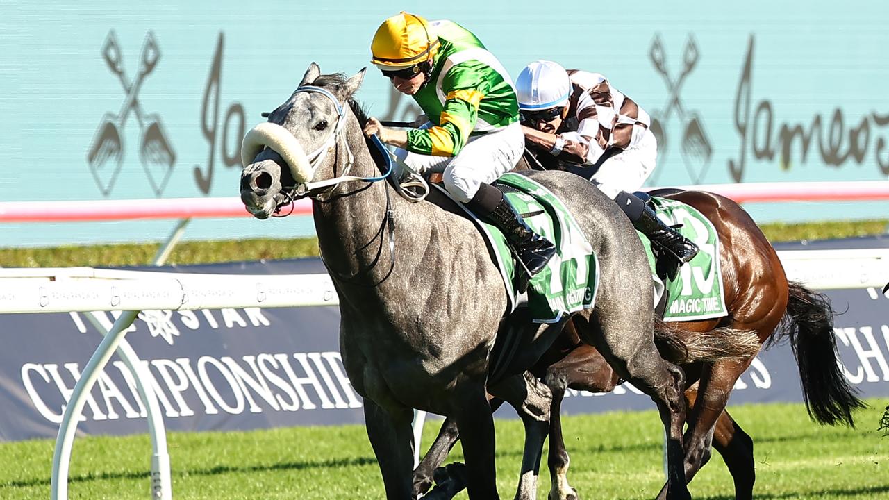 SYDNEY, AUSTRALIA - APRIL 06: Damian Lane riding Chain Of Lightning wins Race 7 James Squire T J Smith Stakes during Sydney Racing at Royal Randwick Racecourse on April 06, 2024 in Sydney, Australia. (Photo by Jeremy Ng/Getty Images)