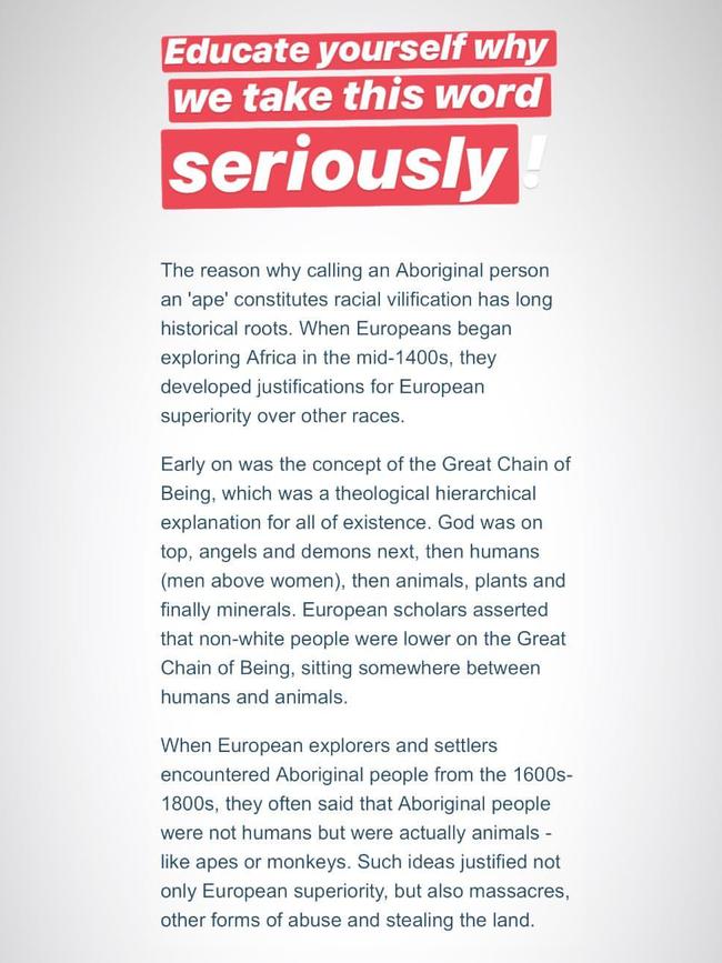 Willie Rioli uploaded this to his Instagram story after racial abuse was directed at teammate Liam Ryan.