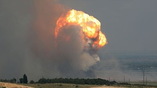 An explosion at a military training ground in Crimea last month. Picture: Reuters