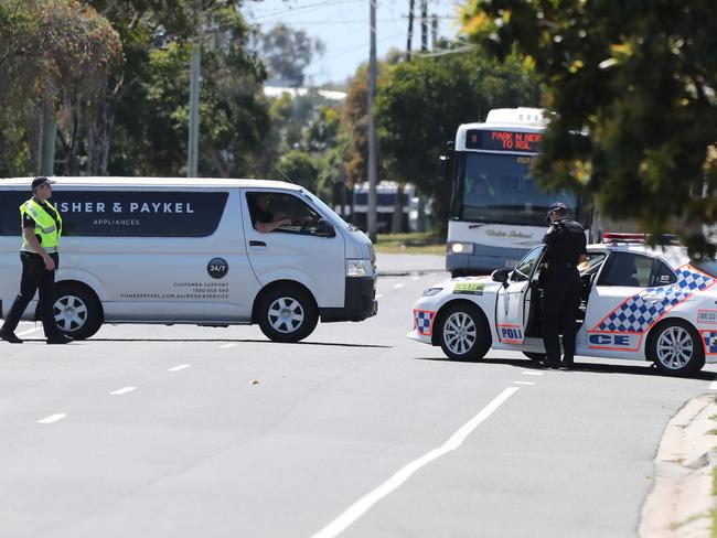 Police at an active crime scene on Thursday at Bribie Island. Pic Peter Wallis