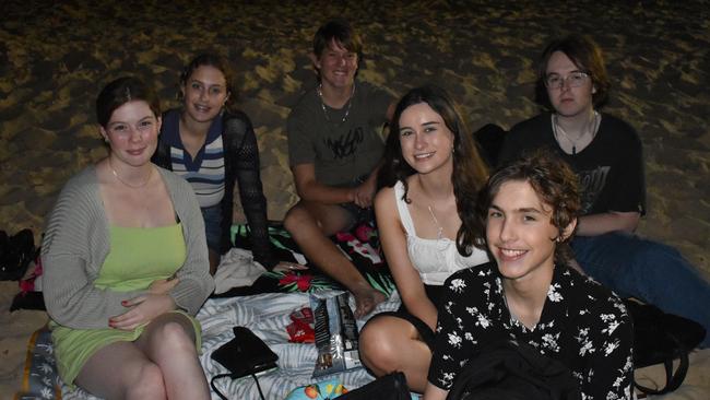 Liam, Bree, Dee, Amelia, William, Jean (no surnames given) celebrating New Year's Eve 2022 at Mooloolaba. Photo: Elizabeth Neil