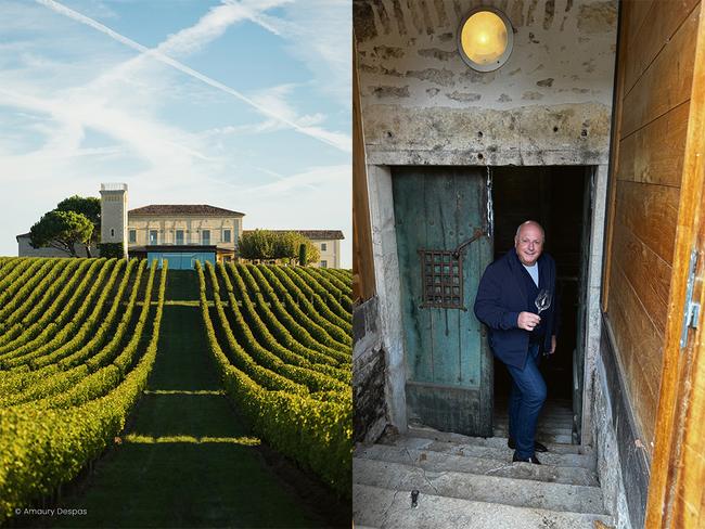 L: Hôtel de Pavie in Saint-Émilion. R: Lucas in the 800-year-old cellars of Domaine de la Romanée-Conti, Burgundy.