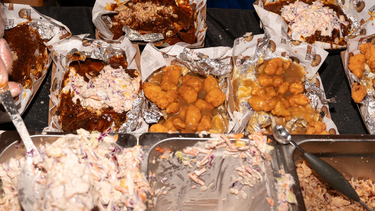 Beef brisket and popcorn chicken spuds.