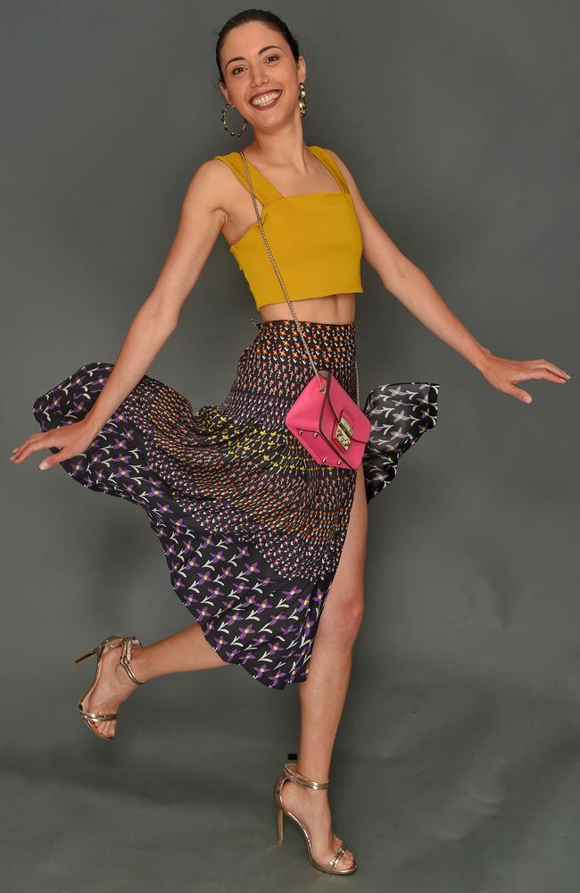 Life with Bird top $280, sale $156; Zara print skirt $89.95, sale price not available; Furla bag $449, sale $250 (autumn/winter colours only); Windsor Smith heels $129.95, sale $77.97. Picture: Tony Gough