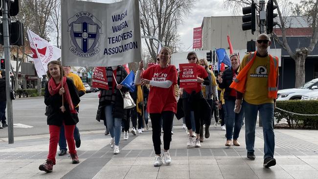 Teachers made their voices heard through the streets of Wagga on Thursday. Picture: Patrick Morrow