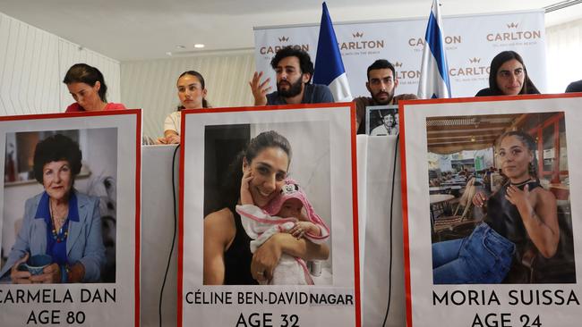 Relatives of missing French citizens hold a press conference in Tel Aviv. Picture: AFP