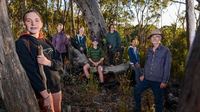 Student volunteers from Bush Buddies Zoe, Isla, Annecy, Mick, Tom and Lele with Craig Baulderstone at Belair National Park. Picture: Brenton Edwards