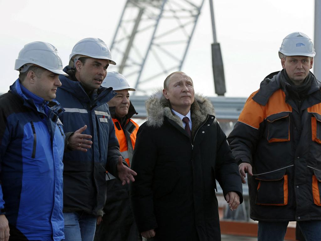 Russian President Vladimir Putin inspected the road section of the road-and-rail Crimean Bridge over the Kerch Strait in 2018. Picture: AFP