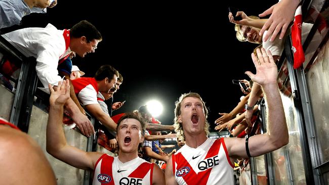 Sydney's James Jordon and Nick Blakey celebrate during the Round 1 AFL match between the Collingwood Magpies and the Sydney Swans at the MCG on March 15, 2024. Photo by Phil Hillyard (Image Supplied for Editorial Use only – Phil Hillyard **NO ON SALES** – Â©Phil Hillyard )