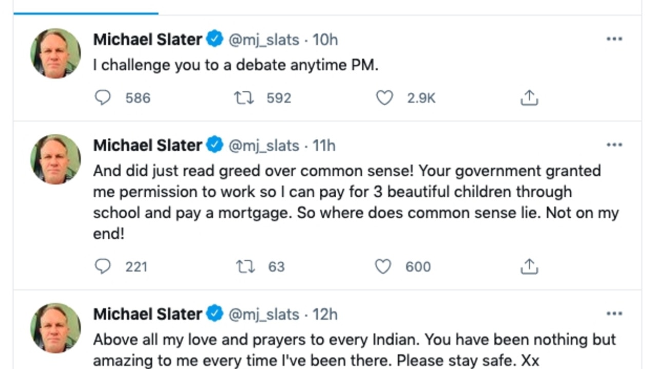 A series of tweets from Slater about Prime Minister Scott Morrison made in May 2021.