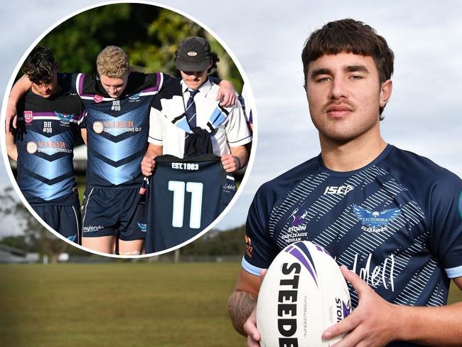 Caloundra SHS 2024 captain Zac Garton (right) and his side honouring former teammate Ben Hunter.. Pictures: Patrick Woods and Kylie McLellan.