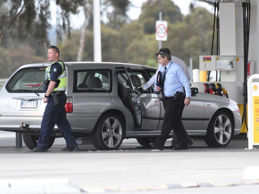 A man who kidnapped a baby after assaulting the 10-month-old and his pregnant partner in Mentone was arrested by police at a Coles Express Petrol station in Donnybrook. Picture: Tony Gough