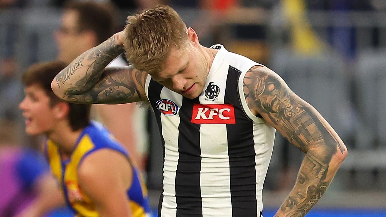 PERTH, AUSTRALIA - JUNE 03: Jordan De Goey of the Magpies looks on after winning the round 12 AFL match between West Coast Eagles and Collingwood Magpies at Optus Stadium, on June 03, 2023, in Perth, Australia. (Photo by Paul Kane/Getty Images)