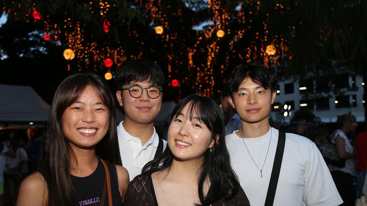 Grace Kang, Aaron Kim, Hannah Kwon and Charles Kueh celebrate the last night of Chinese New Year festivities in Cairns. Picture: Kate Stephenson