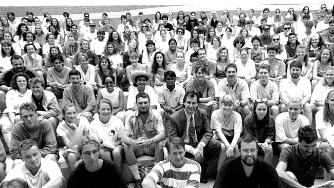 Founding Vice Chancellor Professor Barry Conyngham with students at Lismore campus during Southern Cross University’s inaugural O Week on February 26 1994.