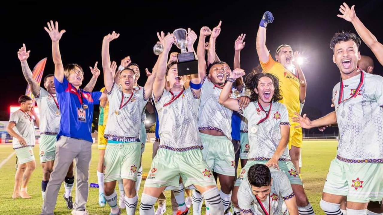 Darwin Hearts FC celebrating their maiden cup victory and qualification into the Australia Cup. Picture: Daniel Abrantes Photography.