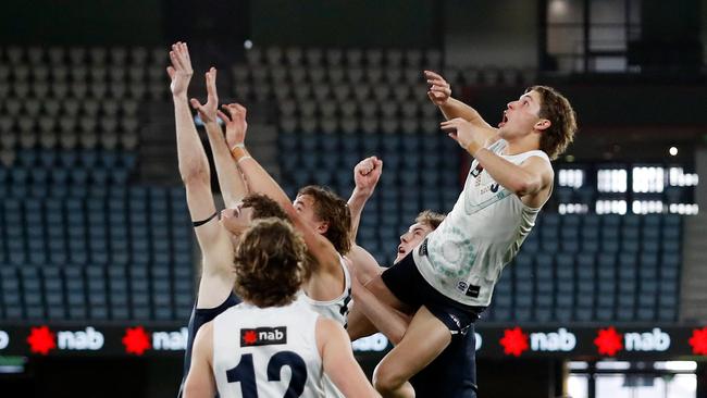 Jhye Clark came close to pulling down this hanger. Picture: Dylan Burns/AFL Photos via Getty Images